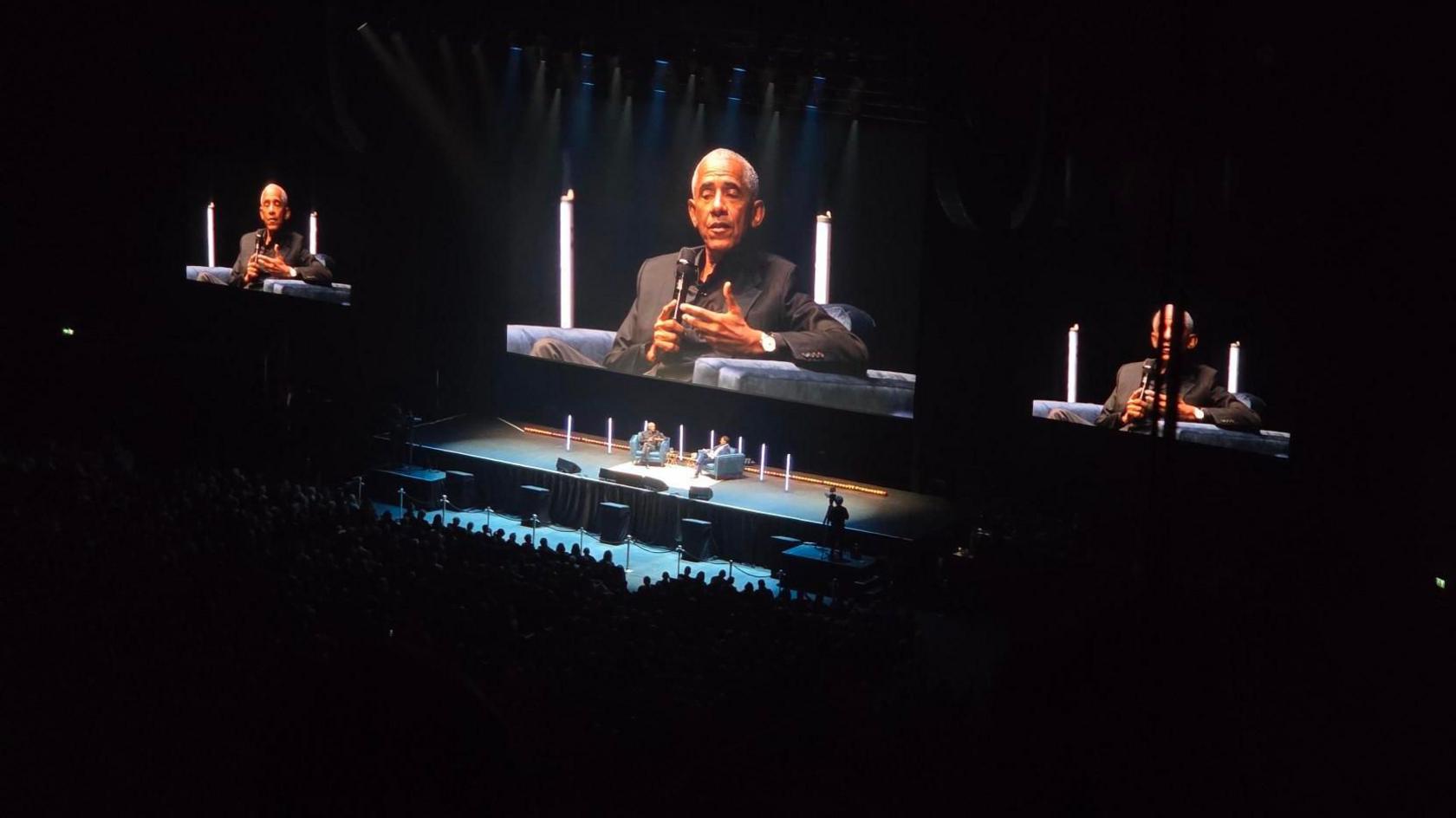 Barack Obama speaking at the OVO Hydro
